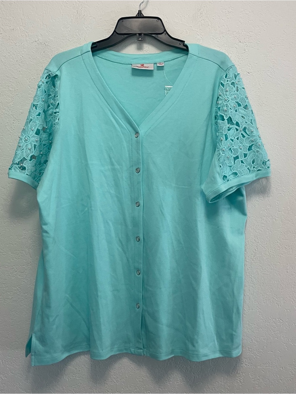 Quacker Factory Floral Pearl & Lace Snap Front Cardigan Size XL Light Aqua